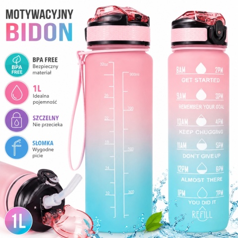 Bidon Motywacyjny 1L BPA FREE Butelka na Wodę ze Słomką i Miarką Fitness