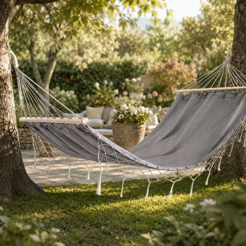 Hamak ogrodowy turystyczny szary frędzle huśtawka boho torba 200 x 100cm