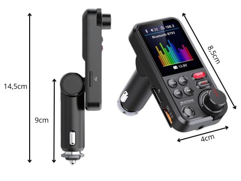 Transmiter bluetooth 5.0 fm zestaw głośnomówiący usb qc tf bass lcd 12-24v