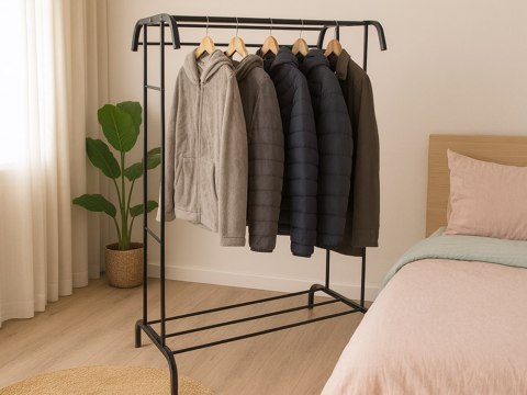 Wieszak stojący na ubrania z półkami na buty kurtki metalowy do garderoby