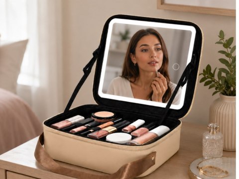 Kosmetyczka kuferek z lustrem podświetlenie led podróżna na kosmetyki etui