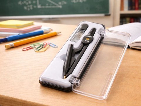 Cyrkiel szkolny z ołówkiem + grafit w etui zestaw geometryczny etui
