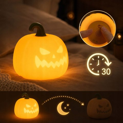 Lampka nocna biurkowa dynia halloween dekoracja led timer akumulatorowa