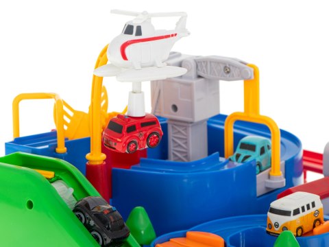 Tor przeszkód interaktywny samochodowy wyścigi parking 4 pojazdy auto autobus radiowóz wóz strażacki helikopter 24x24cm XL