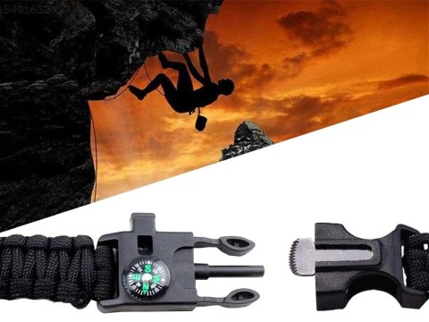 BRANSOLETKA SURVIVAL OPASKA 5W1 KOMPAS KRZESIWO LINKA OSTRZE LINKA PARACORD