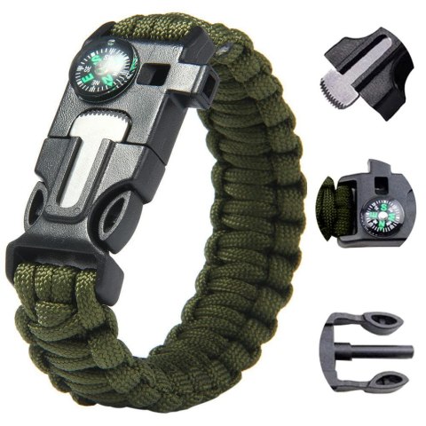BRANSOLETKA SURVIVAL OPASKA 5W1 KOMPAS KRZESIWO LINKA OSTRZE LINKA PARACORD