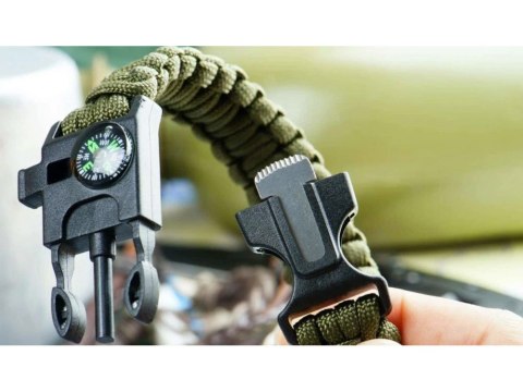 BRANSOLETKA SURVIVAL OPASKA 5W1 KOMPAS KRZESIWO LINKA OSTRZE LINKA PARACORD