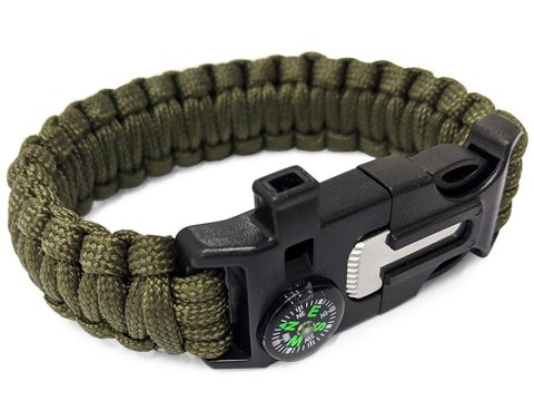 BRANSOLETKA SURVIVAL OPASKA 5W1 KOMPAS KRZESIWO LINKA OSTRZE LINKA PARACORD