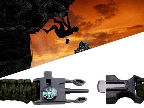 BRANSOLETKA SURVIVAL OPASKA 5W1 KOMPAS KRZESIWO LINKA OSTRZE LINKA PARACORD