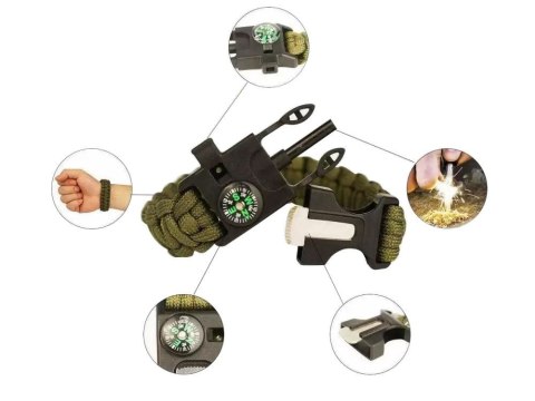 BRANSOLETKA SURVIVAL OPASKA 5W1 KOMPAS KRZESIWO LINKA OSTRZE LINKA PARACORD