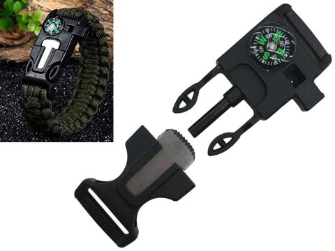 BRANSOLETKA SURVIVAL OPASKA 5W1 KOMPAS KRZESIWO LINKA OSTRZE LINKA PARACORD