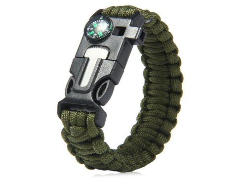 BRANSOLETKA SURVIVAL OPASKA 5W1 KOMPAS KRZESIWO LINKA OSTRZE LINKA PARACORD