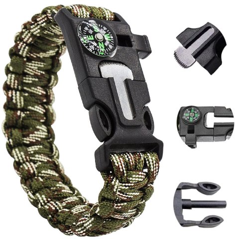 BRANSOLETKA SURVIVAL OPASKA 5W1 KOMPAS KRZESIWO LINKA OSTRZE LINKA PARACORD