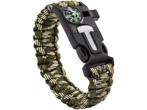 BRANSOLETKA SURVIVAL OPASKA 5W1 KOMPAS KRZESIWO LINKA OSTRZE LINKA PARACORD