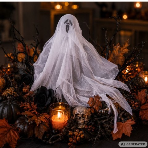 Dekoracja halloween wisząca ozdoba duch biała krzyk szkielet zjawa 65cm