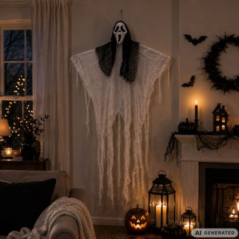 Dekoracja halloween wisząca ozdoba duch maska krzyk szkielet zjawa 90 cm