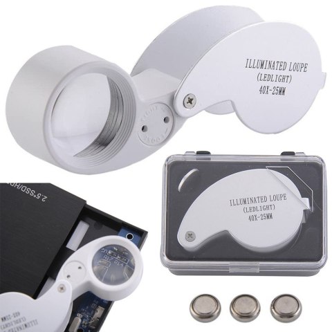 Lupa kieszonkowa jubilerska składana 2 led 40x