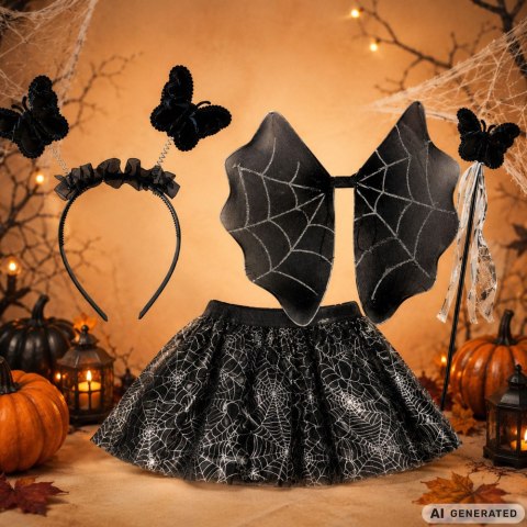 Strój przebranie na halloween spódnica pająk opaska motyl skrzydła różdżka