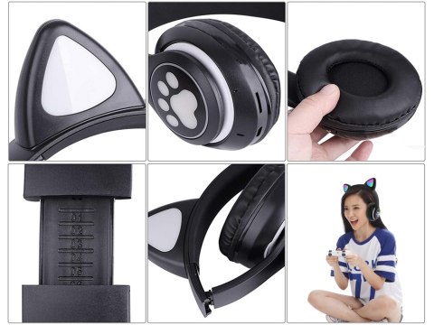 Słuchawki bezprzewodowe bluetooth radio fm mp3 kocie uszy podświetlenie led