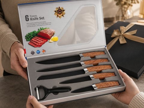 Zestaw noży kuchennych 5 noży + obieraczka czarne ostrza ostre noże stalowe