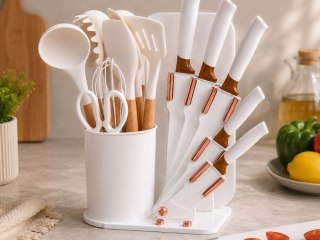Zestaw silikonowych przyborów kuchennych z nożami stojak 19 elementów