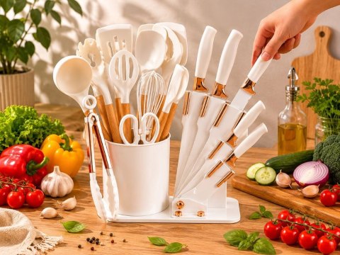 Zestaw silikonowych przyborów kuchennych z nożami stojak 19 elementów