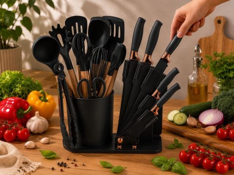 Zestaw silikonowych przyborów kuchennych z nożami stojak 19 elementów